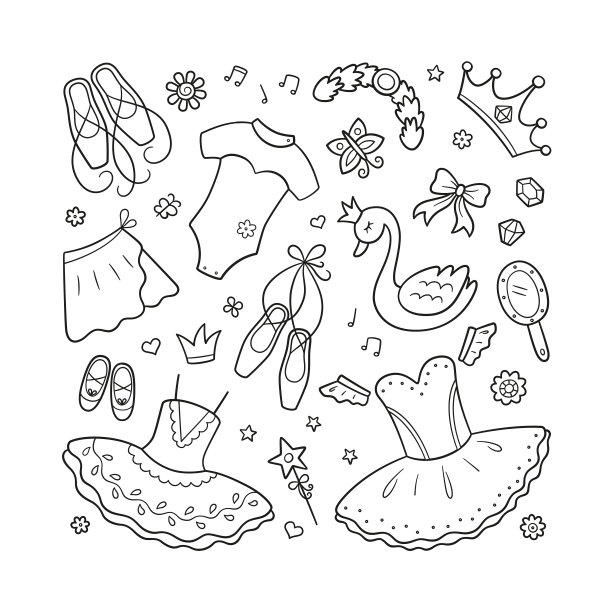 一个小芭蕾舞演员和一套芭蕾配饰。手绘短裙，尖头，芭蕾舞裙，天鹅，皇冠。孤立矢量插图涂鸦风格图片下载