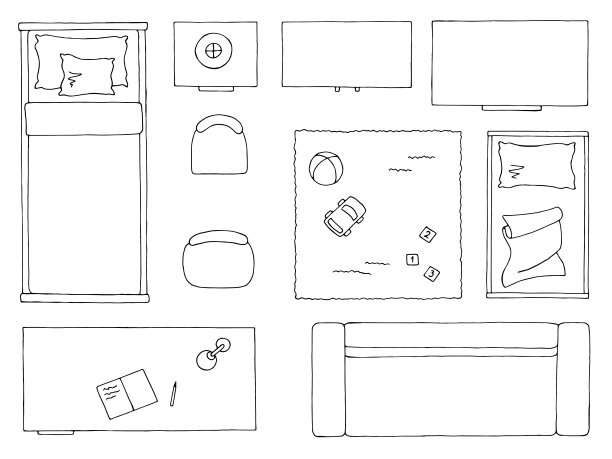 家具组平面图建筑师设计儿童房间元素图形黑白顶部草图鸟瞰图孤立的插图向量图片下载