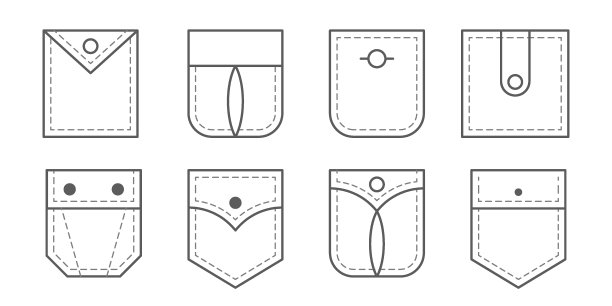 矢量服装孤立图标集。贴袋袋。图片下载