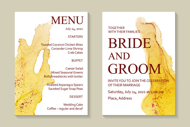 婚礼请柬与黄色水彩波浪或流动艺术在酒精墨水风格与铜上的白色。图片下载