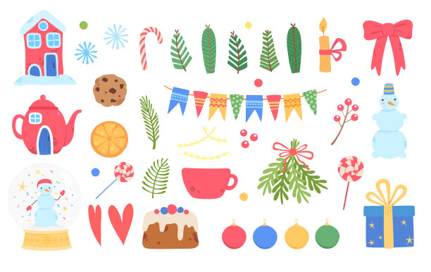 圣诞假日图标设置卡通和扁平图片下载
