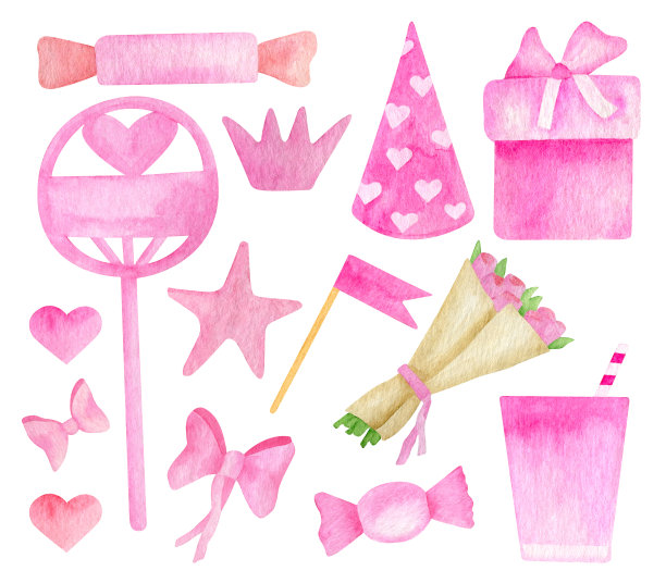 水彩画生日聚会套装。手绘亮粉色派对帽，纸杯，蛋糕顶，孩子皇冠，花束，旗帜，心和蝴蝶结孤立在白色的背景。女孩生日卡片的剪贴画。图片下载