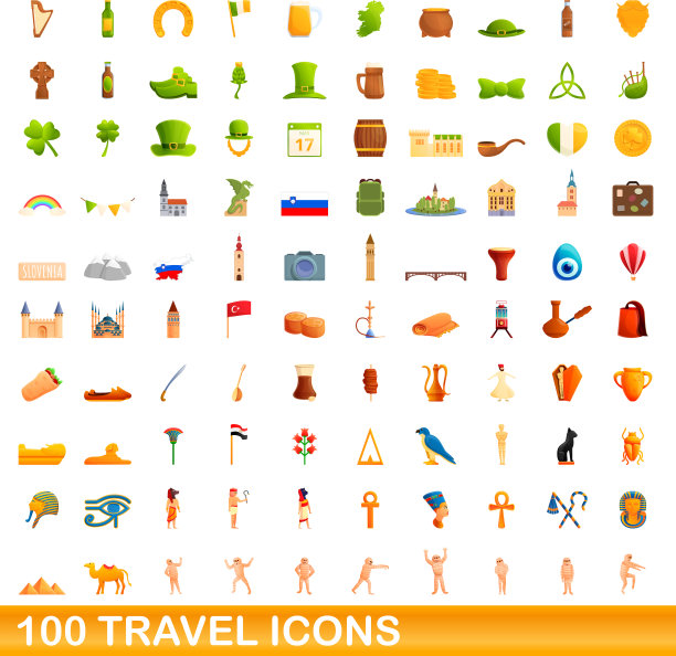 100旅行图标设置卡通风格图片下载