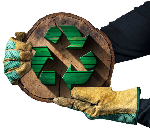 手持木制回收标志的手套手-可持续资源概念图片下载