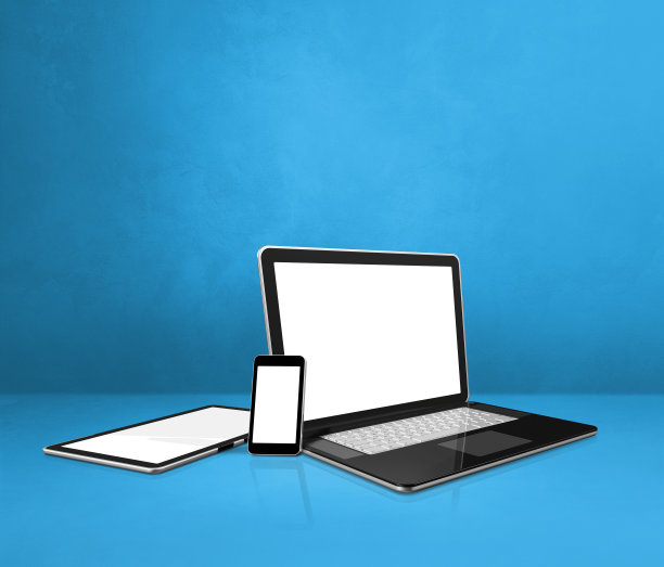 蓝色办公桌上放着笔记本电脑、手机和数字平板电脑图片下载