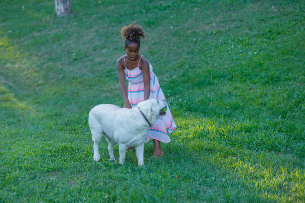 美丽的非洲小女孩在公园里和她的狗玩耍。图片下载