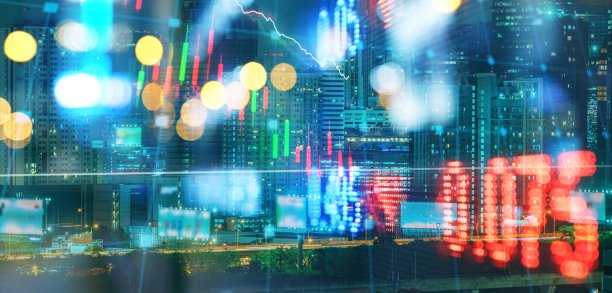 以商业区中心城市为背景的投资利润股票交易所市场价格和烛台图表。商业金融和人工智能数字技术概念。图片下载
