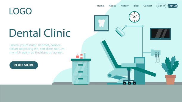 矢量插图在平面卡通风格。登陆网页布局组成与写作和对象。牙科诊所理念设计。医院橱柜内部与椅子，仪器。蓝色背景图片下载