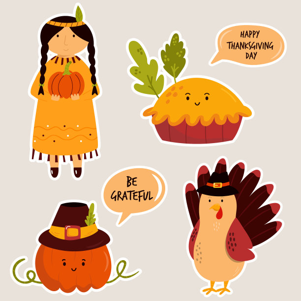 为感恩节设置可爱的彩色贴纸图片下载