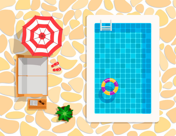 沙滩家具和游泳池的背景石头在卡通平风格图片下载