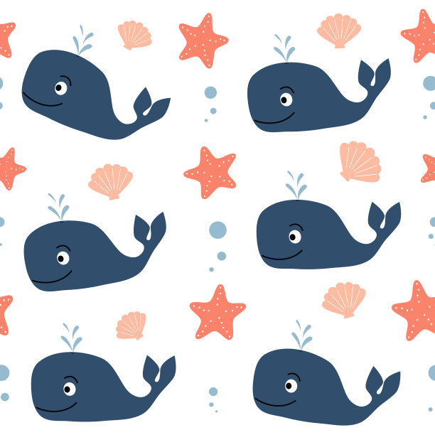 可爱的卡通色彩鲸鱼，贝壳，海星无缝矢量图案背景插图图片下载