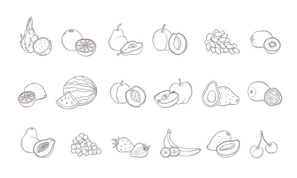 一套自然新鲜的热带和柑橘类水果在涂鸦手绘风格。素食,素食。有机食品图标和健康饮食。收集线矢量图图片下载
