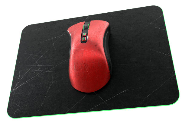 使用金属红色游戏鼠标，专业垫上有划痕，白色隔离图片下载