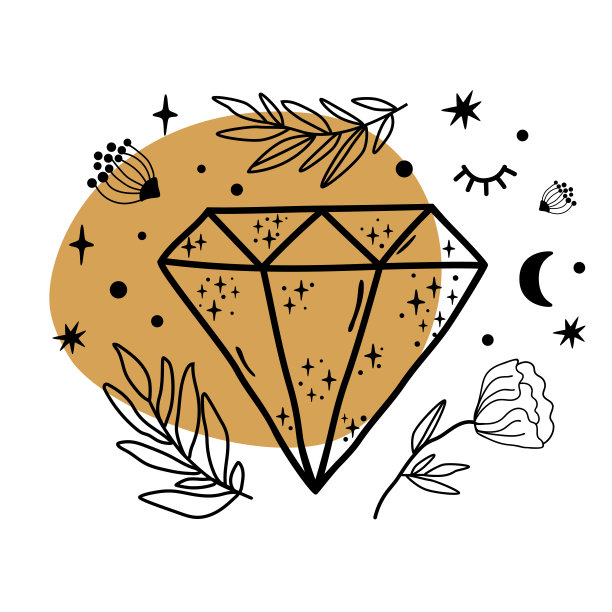天上的水晶，天上的宝石。水晶象征草图。手绘线条艺术晶体，植物叶，月亮，星星。图片下载