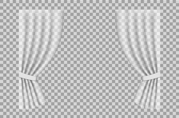 白色的窗帘。在透明的背景上有孤立的折叠布窗帘。挂窗帘布。用于浴室或房间装饰的逼真经典毛坯布。设置内部。向量图片下载