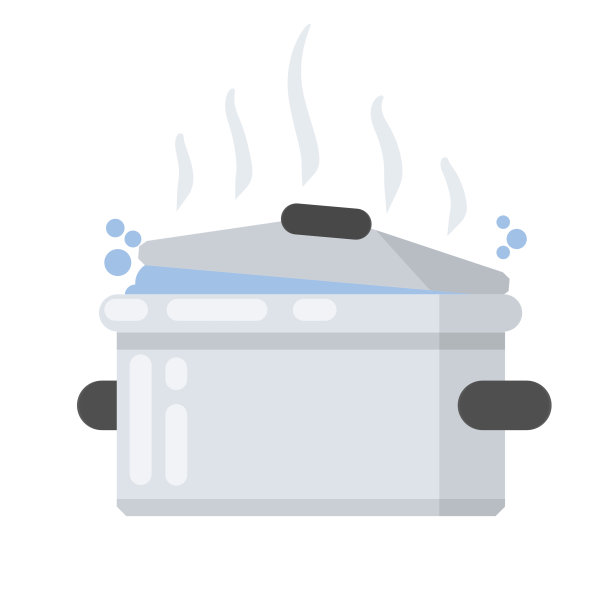 平底锅。灰色的钢厨具。灰色的蒸汽和烟雾。扁平厨房元素和汤准备。有盖子用来烧水的大器皿图片下载