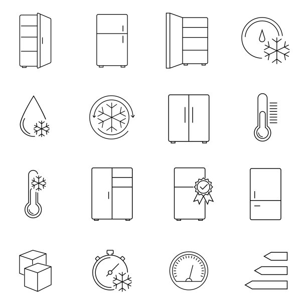 冰箱和冰箱相关线图标设置。保持冷冻和冷冻产品矢量线性图标。象征,标志说明。矢量图形图片下载