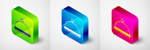 灰色背景上有一个食物图标。托盘和盖子标志。带有盖子的餐厅钟摆。厨房用具的象征。方形按钮。向量图片下载