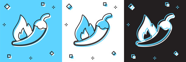 设置辣椒辣椒荚图标孤立在蓝色和白色，黑色的背景。设计用于食品杂货、烹饪制品、调味品及香料包装、烹饪书籍。向量图片下载