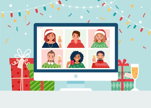 在线圣诞晚会。一群人通过视频会议在圣诞节。图片下载