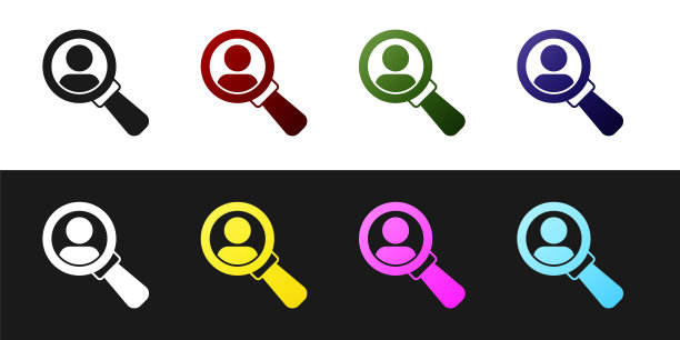 设置放大镜搜索人的图标隔离在黑色和白色背景。招聘或选拔概念。寻找雇员和工作。向量图片下载