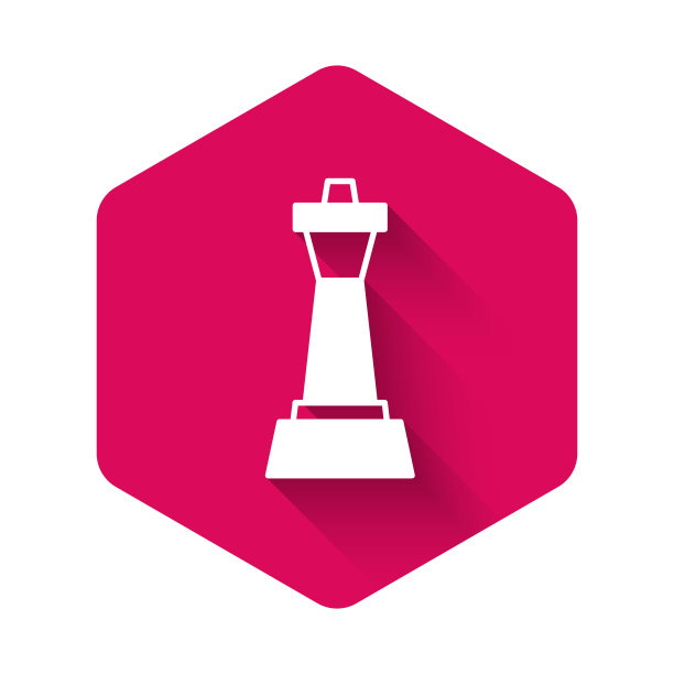 白色象棋图标孤立与长阴影背景。商业策略。游戏,管理、财务。粉红色的六角按钮。向量图片下载