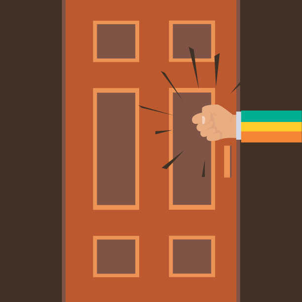 敲门声。一个男人的手或拳头在敲门。请允许我进入房间。矢量插图。平的风格。图片下载