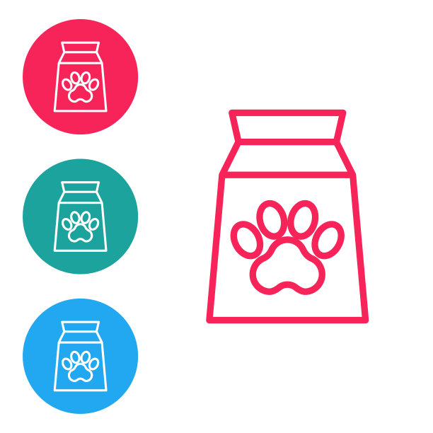 红色线宠物食品袋图标隔离在白色背景。动物的食物。狗骨头的迹象。宠物食品包装。在圆形按钮中设置图标。向量图片下载