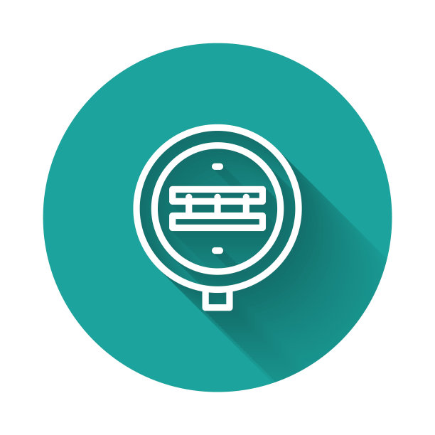 白线铁路道口图标与长阴影背景隔离。铁路的信号。绿色圆圈按钮。向量图片下载