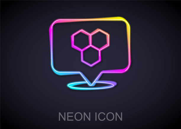 发光的霓虹灯线蜂窝蜂位置地图针指针图标孤立在黑色的背景。农场动物地图指针。向量图片下载