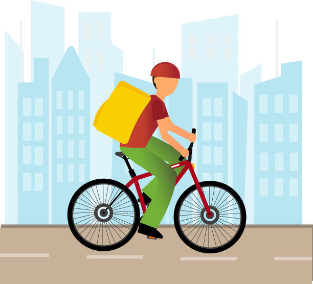 一个骑自行车的年轻人，送餐理念，旅行，图片下载