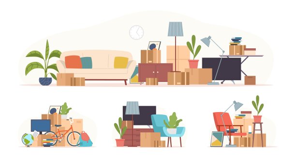 有东西的卡通盒子。搬家堆、填料包装、纸板包裹和家具、车库出售货物准备、运输服务、仓储和货物运输矢量集图片下载