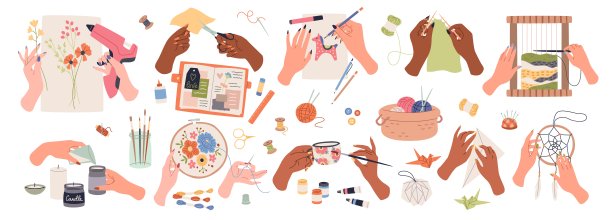 刺绣刺绣。人类的手创造手工工艺品，工匠工具和配件，工作和爱好，剪纸和挂毯，缝纫和编织，绘画和折纸向量集图片下载