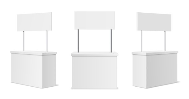 广告站。现实的空白现代简单的机架或柜台多个摄像机角度，3d促销书桌与标志顶部，干净的空白促销桌子与招牌白色模型向量集图片下载