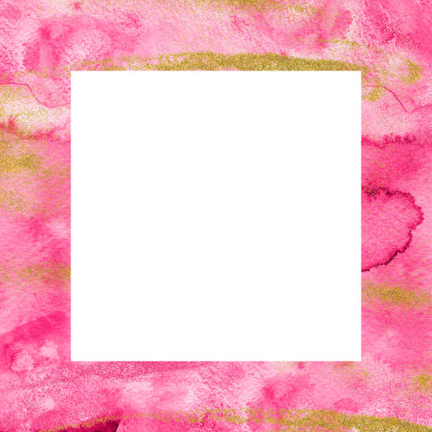 粉色手绘艺术纹理背景。带有复制空间的方形边框。水彩布局与金色飞溅图片下载