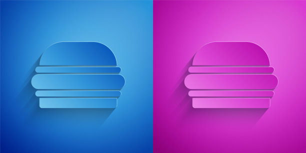 剪纸汉堡图标孤立在蓝色和紫色的背景。汉堡图标。芝士汉堡三明治的迹象。快餐菜单。纸艺术风格。向量图片下载