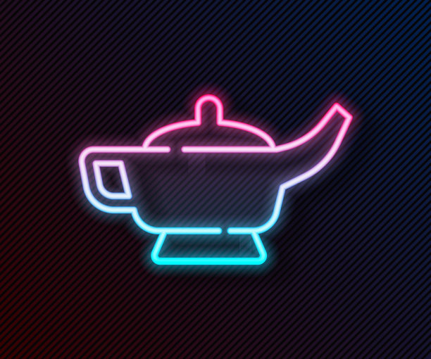 发光的霓虹灯线魔术灯或阿拉丁灯图标孤立在黑色背景。为愿望的精神灯。向量图片下载