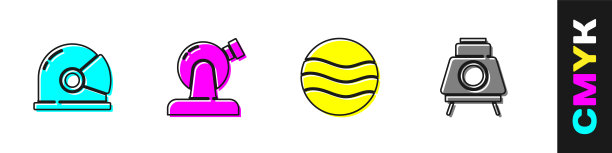 设置宇航员头盔，天文观测台，行星和火星漫游者图标。向量图片下载