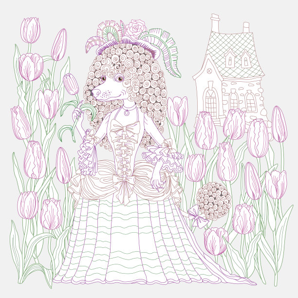 童话故事里的一只母狮子狗穿着复古的衣服，有郁金香花和中世纪的房子。彩色轮廓涂鸦素描。t恤印花，成人和儿童涂色书页图片下载