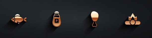 设置鱼，胡椒，鸡腿和篝火图标与长影子。向量图片下载