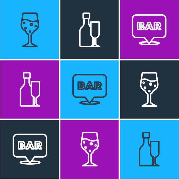 设置行香槟杯，酒吧位置和带有玻璃图标的酒瓶。向量图片下载