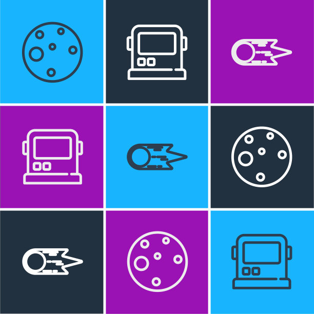 设定线行星火星，彗星坠落快速和宇航员头盔图标。向量图片下载