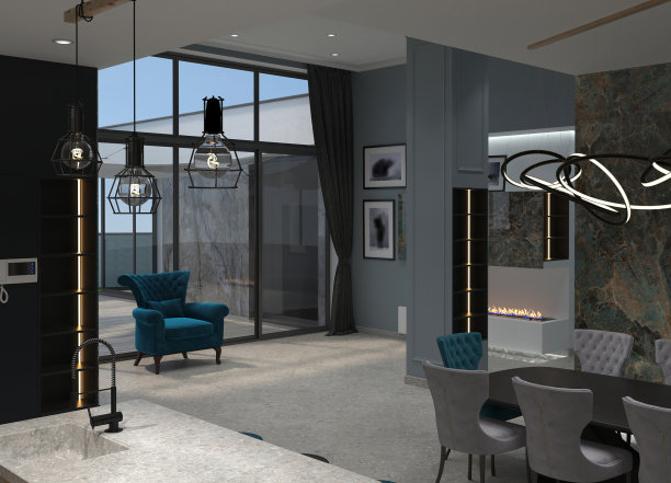 客厅与餐厅相结合，开放式平面优雅的设计思路，3D插画图片下载