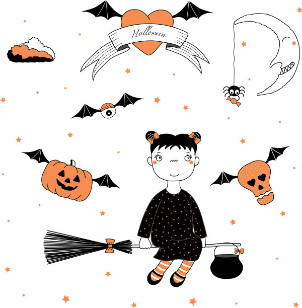 滑稽的女巫飞南瓜和骷髅图片下载