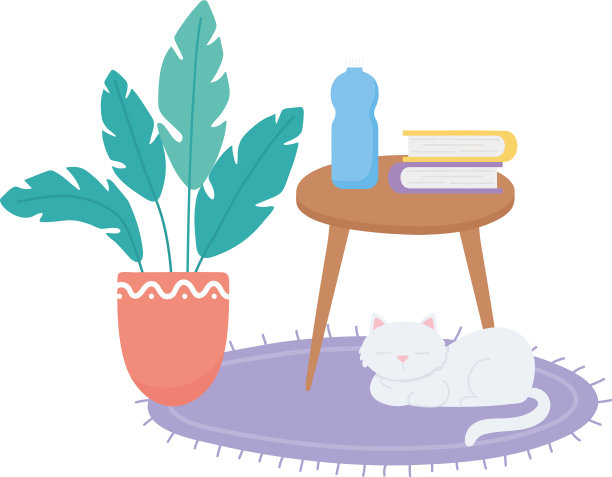 房间里有桌子、书、瓶子、植物和睡觉图片下载