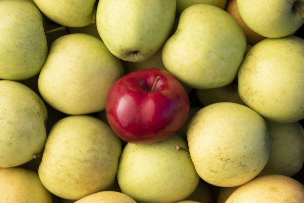 红苹果在黄绿色苹果之间的特写图片下载
