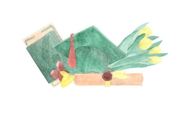毕业主题水彩画，毕业证书，毕业帽，郁金香花束，毕业证书，铃铛图片下载