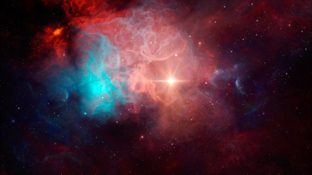 空间背景。红色和蓝色的彩色3D星云与恒星和太阳。数字绘画图片下载