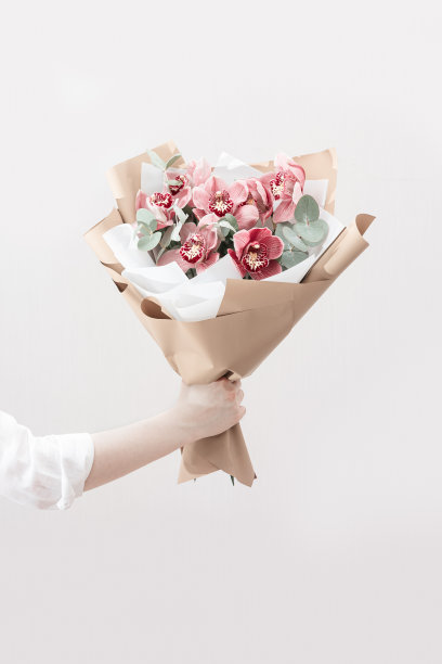 淡淡背景上的女性手中朵朵娇嫩的粉红色兰花。送给母亲或朋友的现代花束。图片下载