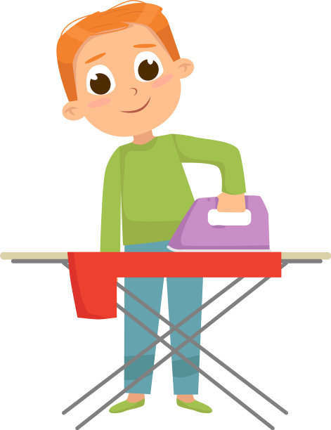 大眼睛的小男孩在熨烫衣服图片下载